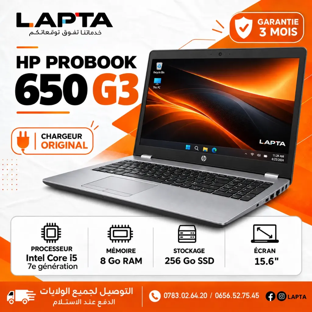 LAPTOP HP 650 G3 I5 7EME/8/256SSD/15.6P